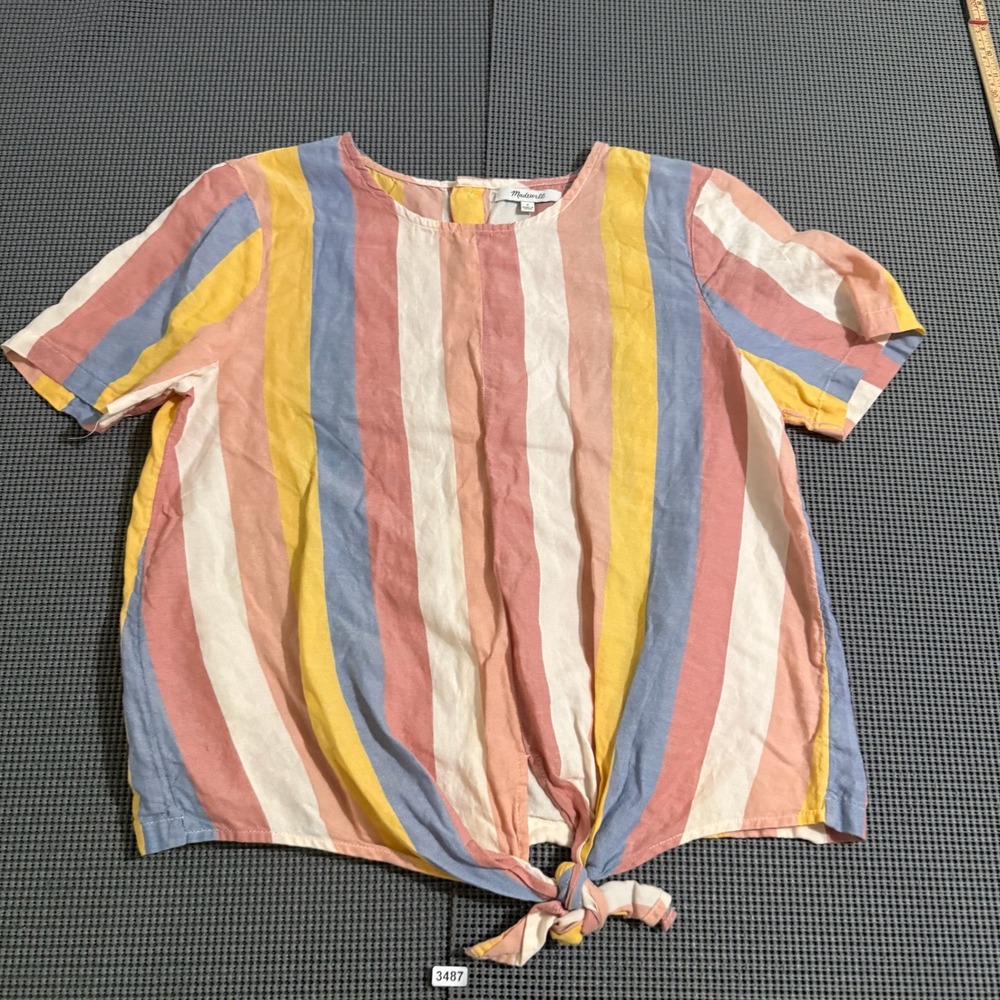 Madewell Womens Small Multicolor Striped Tie Front Button Back Short Sleeve Top